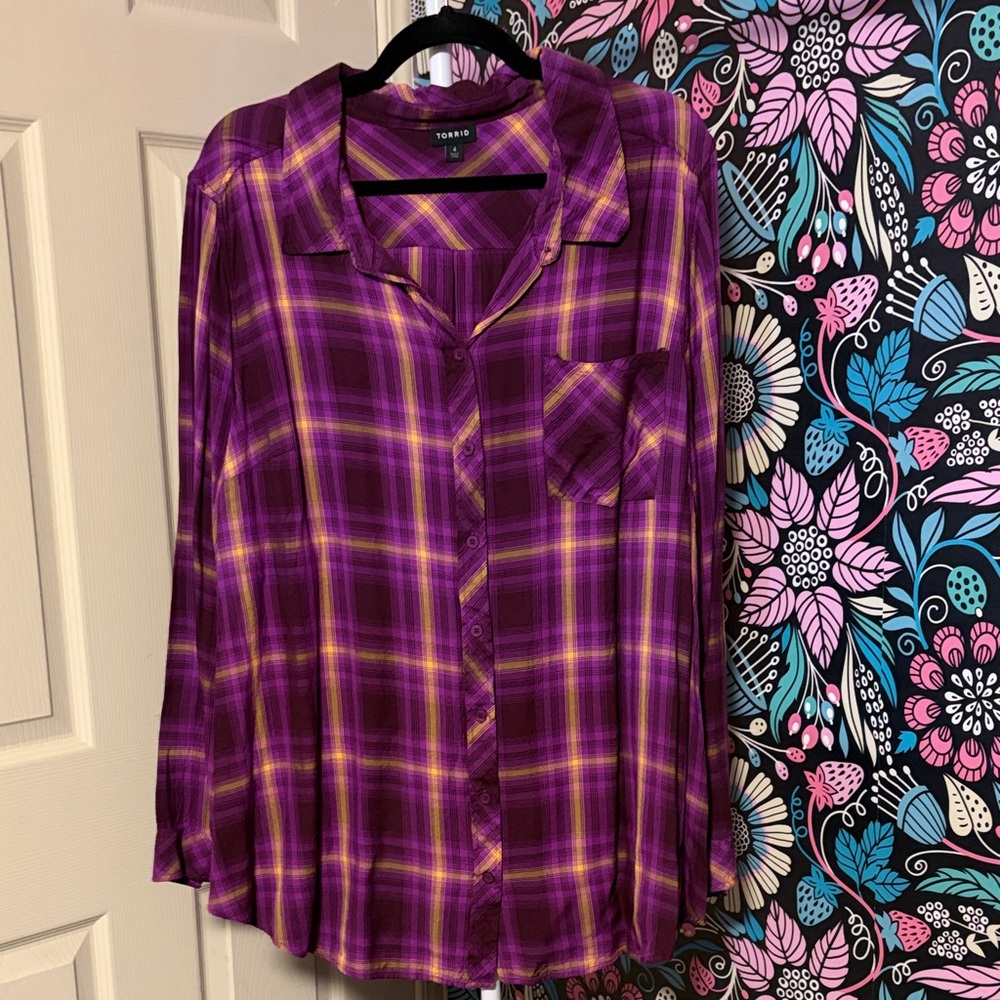 torrid Purple Plaid Button-Down Shirt with Yellow Accents